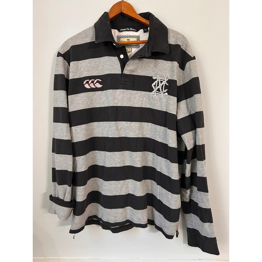 Canterbury of New Zealand Mens Rugby Shirt Black Grey Striped Long Sleeve Large